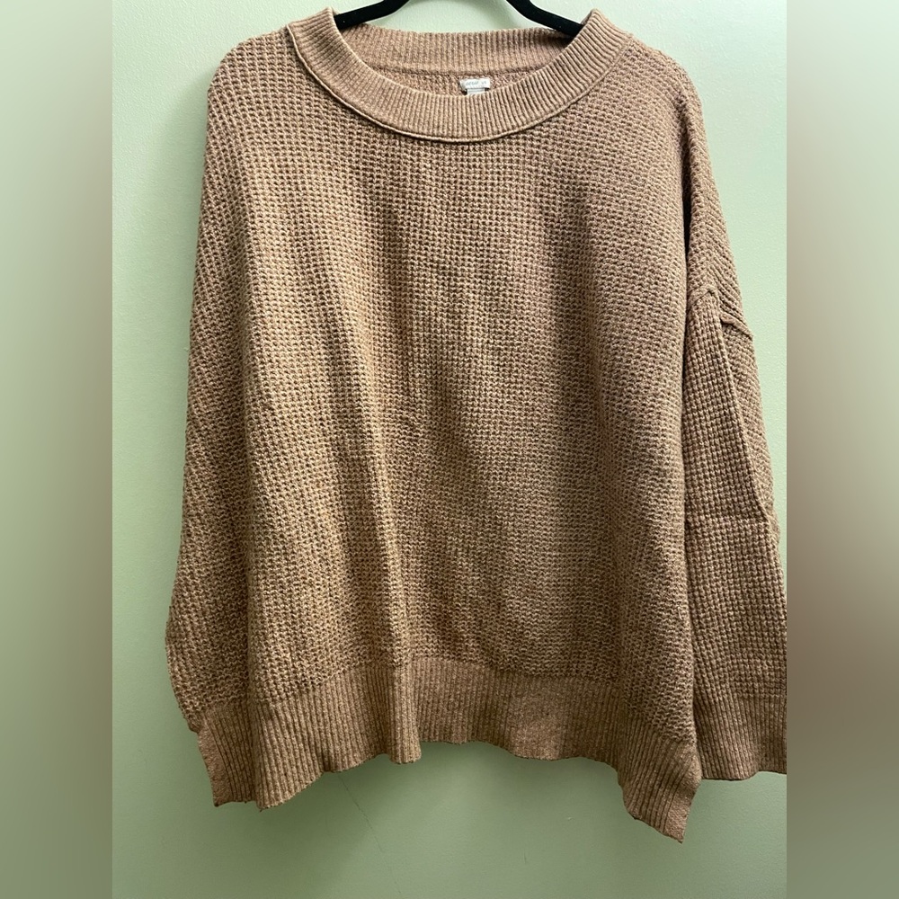 Aerie Waffle Knit Scoop Neck Sweater in Light Brown